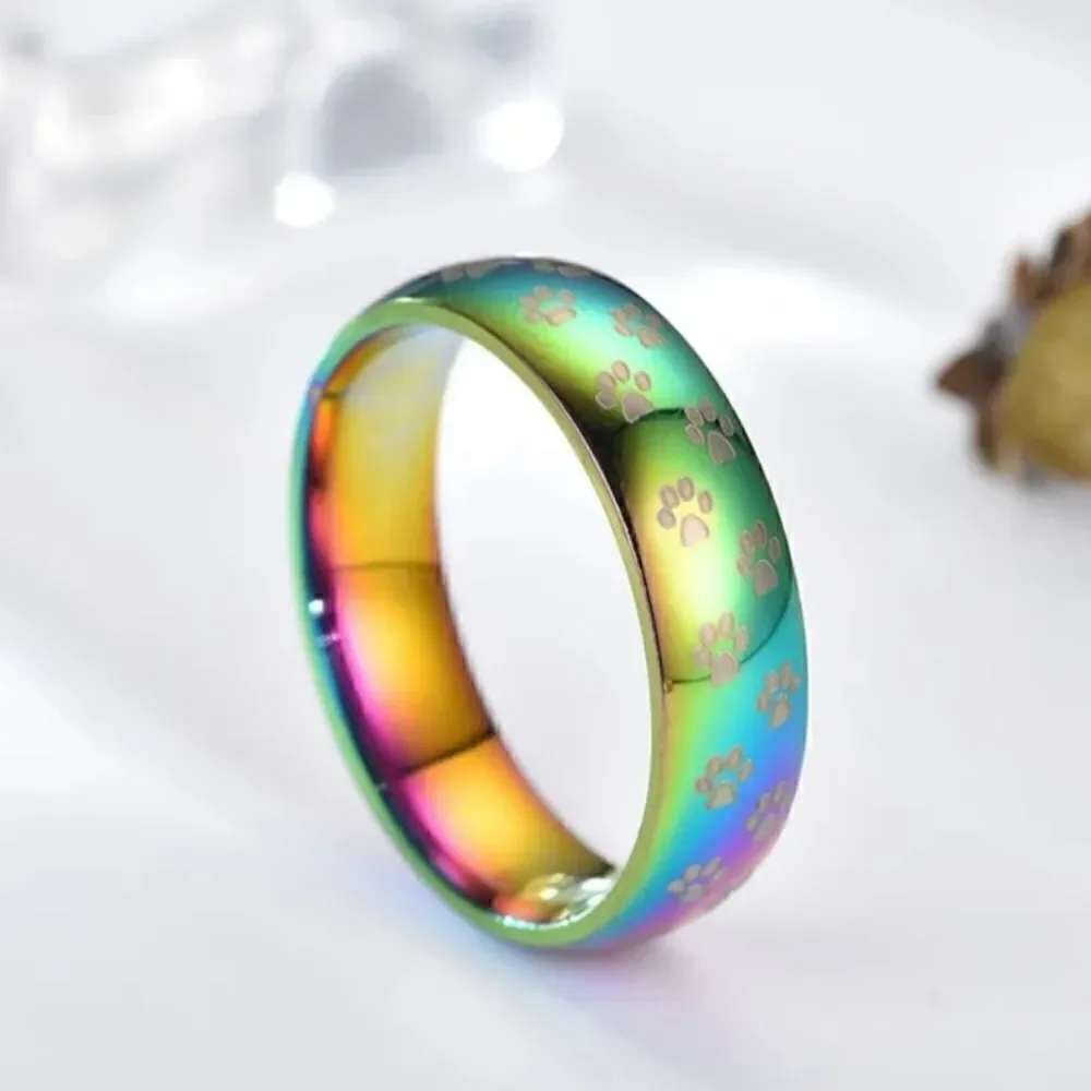 Fashion Colorful Titanium Steel Ring with Small Puppy Footprints